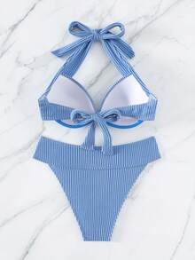 條紋露背比基尼套裝 - 藍色 - 查看 6
