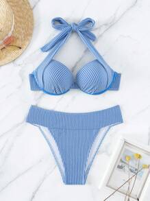 條紋露背比基尼套裝 - 藍色 - 查看 7