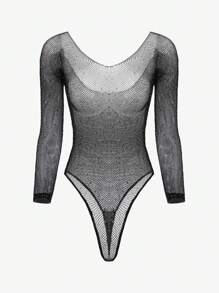 ChaseTheNight Rhinestone Studded Fishnet Teddy Bodysuit Lingerie Without Liner