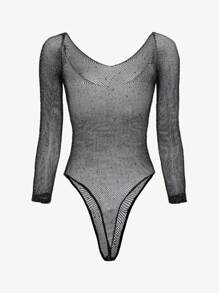 ChaseTheNight Rhinestone Studded Fishnet Teddy Bodysuit Lingerie Without Liner