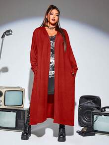 SHEIN ICON Hơn Chất rắn Mở Mặt trước Áo trùm đầu - Đỏ - Xem 2