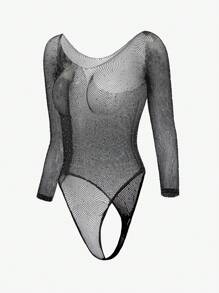 ChaseTheNight Rhinestone Studded Fishnet Teddy Bodysuit Lingerie Without Liner