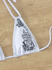 骷髏&印花吊脖三角杯比基尼上衣 - 白色 - 查看 3