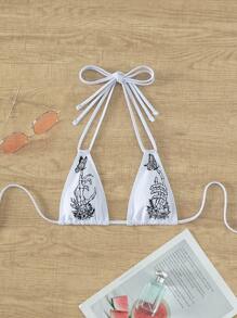 骷髏&印花吊脖三角杯比基尼上衣 - 白色 - 查看 5