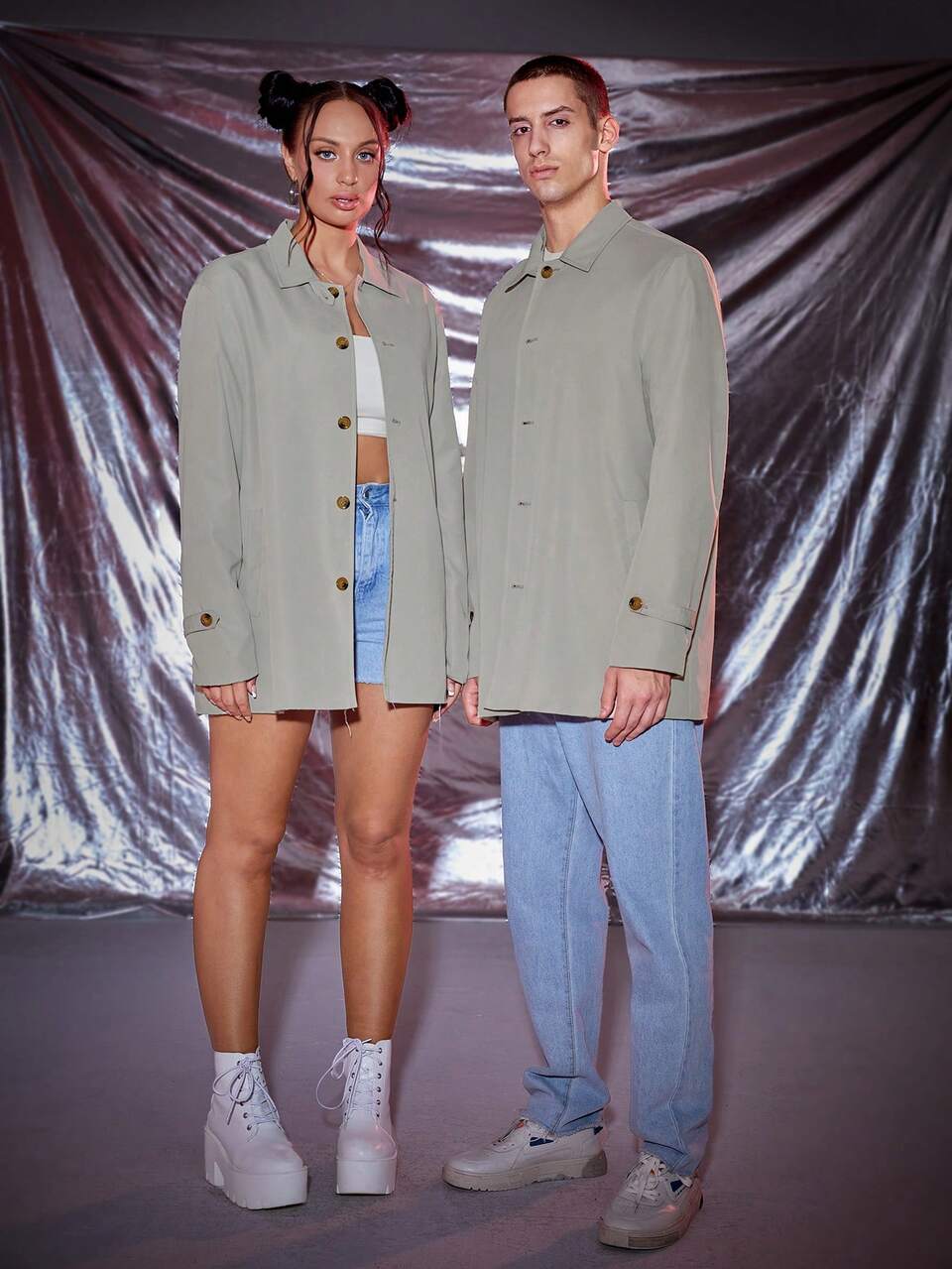1pc Loose Fit Button-Front Trench Coat, For Fall Winter