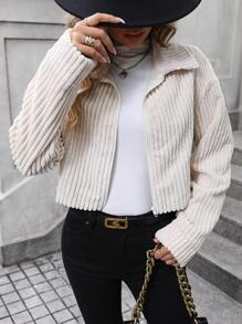 SHEIN LUNE 落肩袖拉鏈開襟夾克 - 杏色 - 查看 6