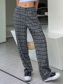 DAZY Plaid Print Slant Pocket Trousers - Multicolor - View 4