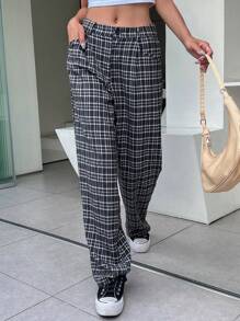 DAZY Plaid Print Slant Pocket Trousers - Multicolor - View 1