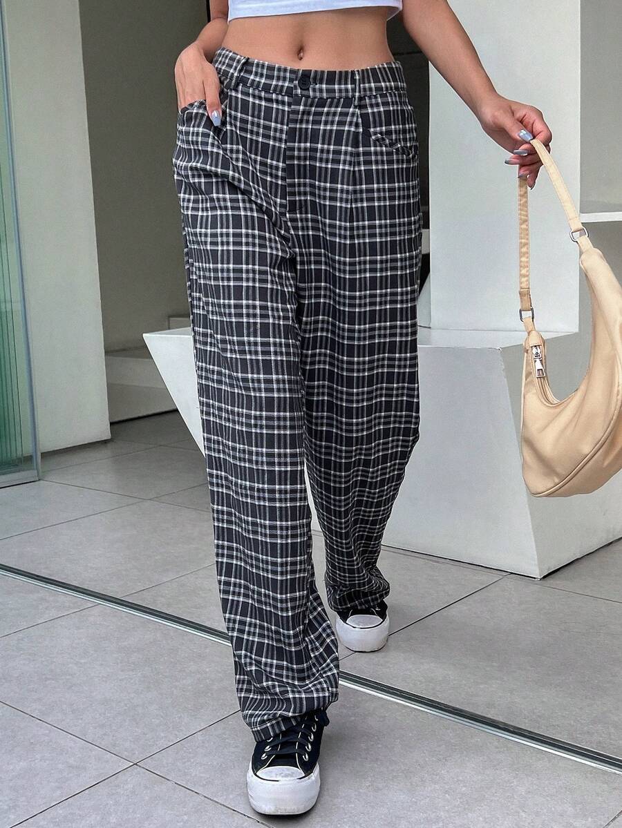 DAZY Plaid Print Slant Pocket Trousers - Multicolor - View 1