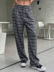 DAZY Plaid Print Slant Pocket Trousers - Multicolor - View 8