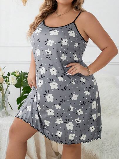Plus Floral Print Lettuce Trim Cami Pajama Nightdress