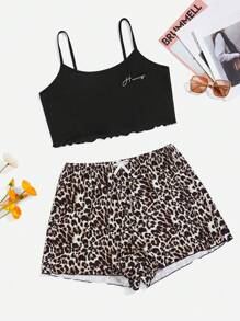 SHEIN Plus Letter Graphic Lettuce Trim Cami Top & Leopard Print Shorts PJ Set / Pajama Set - Black - View 1