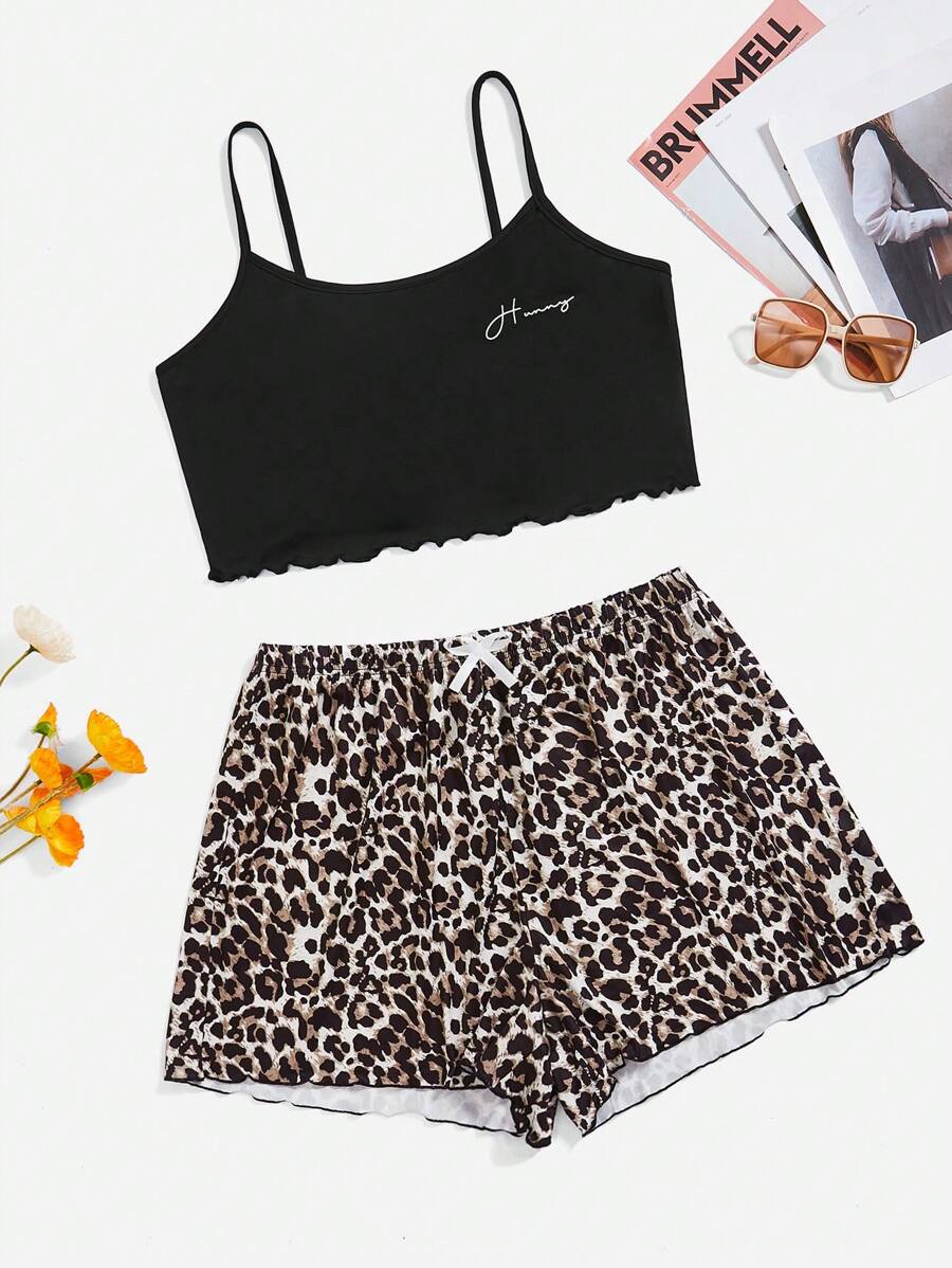 SHEIN Plus Letter Graphic Lettuce Trim Cami Top & Leopard Print Shorts PJ Set / Pajama Set - Black - View 1