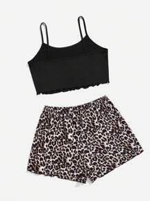 SHEIN Plus Letter Graphic Lettuce Trim Cami Top & Leopard Print Shorts PJ Set / Pajama Set - Black - View 2