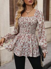 SHEIN Clasi 碎花印花荷叶边袖荷叶边衬衫荷叶边上衣