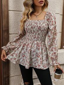 SHEIN Clasi 碎花印花荷叶边袖荷叶边衬衫荷叶边上衣