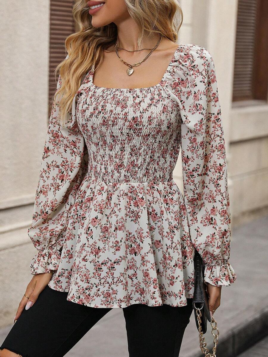 SHEIN Clasi 碎花印花荷叶边袖荷叶边衬衫荷叶边上衣