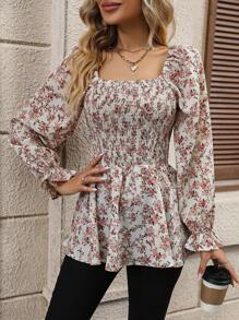 SHEIN Clasi 碎花印花荷叶边袖荷叶边衬衫荷叶边上衣