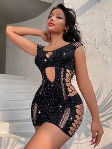 Rhinestone Studded Cut Out Fishnet Bodycon Dress Without Liner - Black - View 4