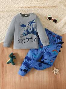 Young Boy Dinosaur Print PJ Set - Multicolor - View 1