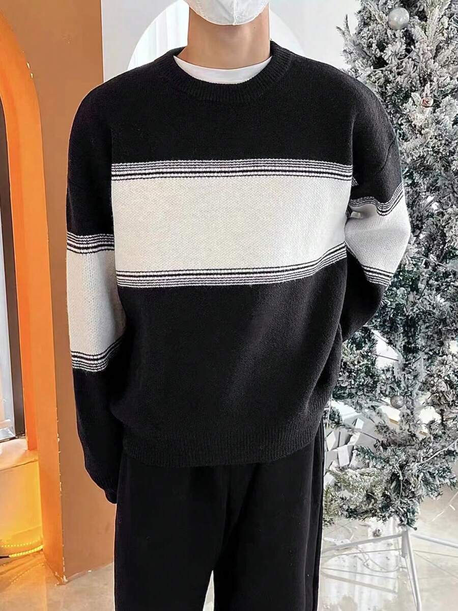 Manfinity Hypemode Nam Khối màu Thả vai Áo len - Đen và trắng - Xem 1