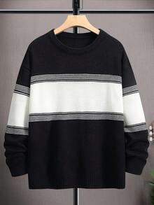 Manfinity Hypemode Nam Khối màu Thả vai Áo len - Đen và trắng - Xem 3