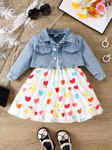 女嬰翻蓋口袋牛仔夾克和愛心圖案荷葉邊吊帶洋裝 - 彩色 - 查看 1