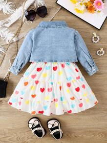 女嬰翻蓋口袋牛仔夾克和愛心圖案荷葉邊吊帶洋裝 - 彩色 - 查看 2