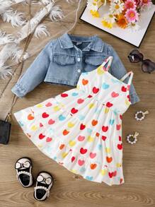 女嬰翻蓋口袋牛仔夾克和愛心圖案荷葉邊吊帶洋裝 - 彩色 - 查看 3