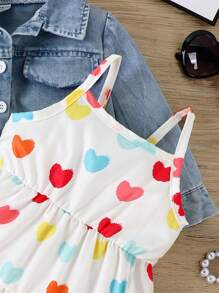 女嬰翻蓋口袋牛仔夾克和愛心圖案荷葉邊吊帶洋裝 - 彩色 - 查看 6