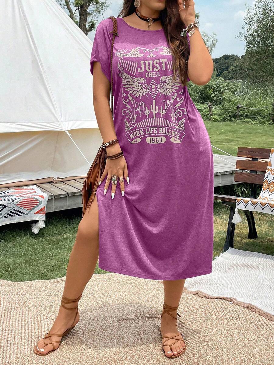 SHEIN Holidaya Hơn Đồ họa Chữ cái Tách đùi Váy áo thun - Màu tím - Xem 1