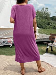 SHEIN Holidaya Hơn Đồ họa Chữ cái Tách đùi Váy áo thun - Màu tím - Xem 2