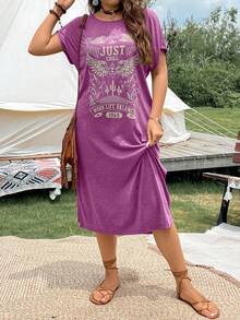 SHEIN Holidaya Hơn Đồ họa Chữ cái Tách đùi Váy áo thun - Màu tím - Xem 4