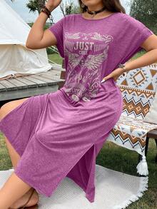 SHEIN Holidaya Hơn Đồ họa Chữ cái Tách đùi Váy áo thun - Màu tím - Xem 6