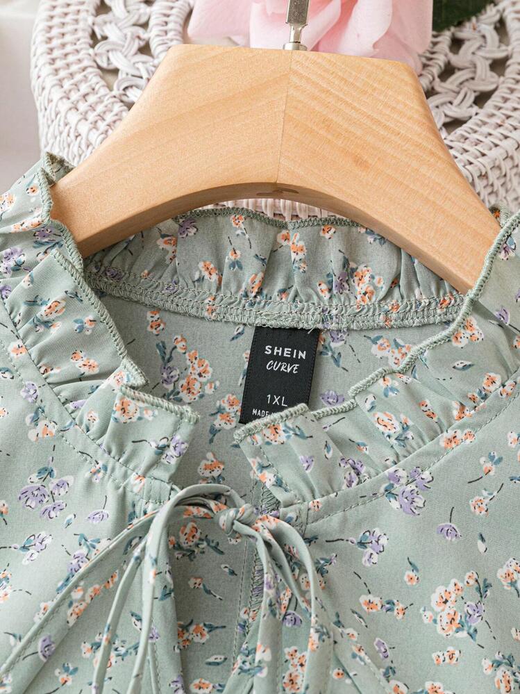 Rometta Plus Ditsy Floral Print Tie Neck Flare Sleeve Blouse Fall Cloth For Women - Mint Green - View 3