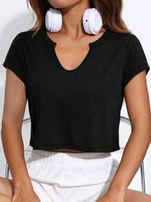 SHEIN EZwear Đường viền cổ có rãnh Áo phông Crop - màu đen - Xem 1