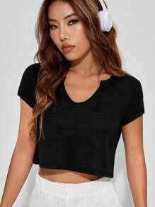 SHEIN EZwear Đường viền cổ có rãnh Áo phông Crop - màu đen - Xem 2