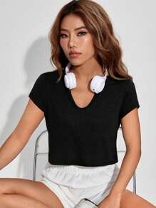 SHEIN EZwear Đường viền cổ có rãnh Áo phông Crop - màu đen - Xem 3