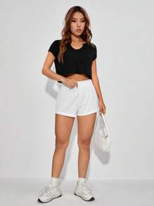 SHEIN EZwear Đường viền cổ có rãnh Áo phông Crop - màu đen - Xem 5