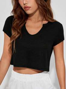 SHEIN EZwear Đường viền cổ có rãnh Áo phông Crop - màu đen - Xem 7