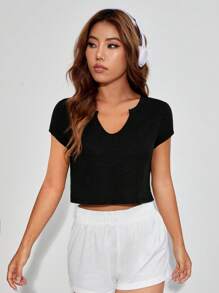 SHEIN EZwear Đường viền cổ có rãnh Áo phông Crop - màu đen - Xem 8