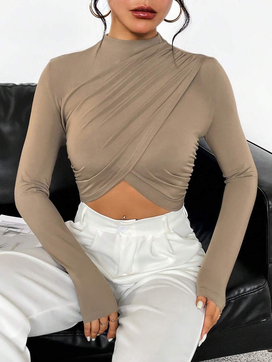 SHEIN Essnce Mock Neck Wrap Cross Crop Tee - Coffee Brown - View 1