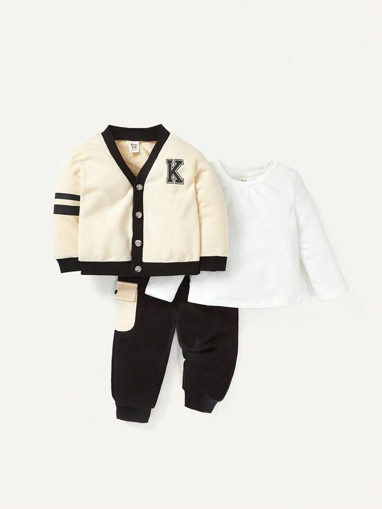 Baby Boy 3pcs Long Sleeve V-neck Contrast Color Cardigan Top, Tapered Pants Clothes