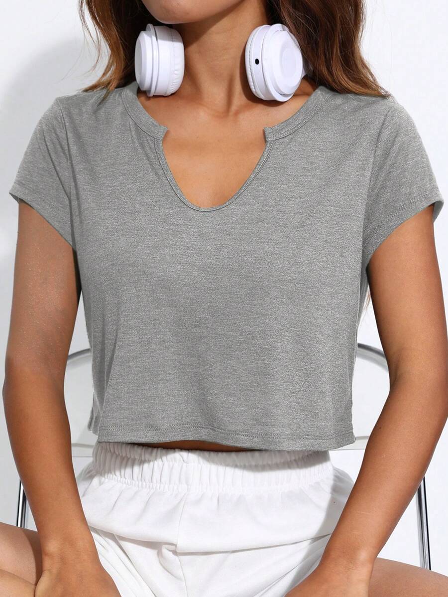 SHEIN EZwear Notched Neck Crop Tee - Grey - View 1