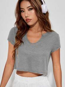 SHEIN EZwear Notched Neck Crop Tee - Grey - View 2