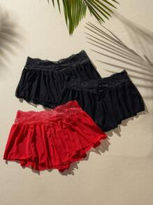 SHEIN 3pcs Contrast Lace Ruffle Trim Mesh Overlay Panty Lingerie - Multicolor - View 3