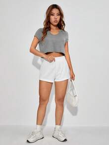 SHEIN EZwear Notched Neck Crop Tee - Grey - View 3
