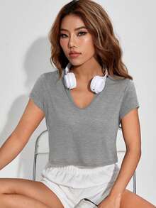 SHEIN EZwear Notched Neck Crop Tee - Grey - View 5