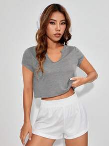SHEIN EZwear Notched Neck Crop Tee - Grey - View 6
