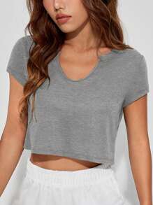 SHEIN EZwear Notched Neck Crop Tee - Grey - View 7